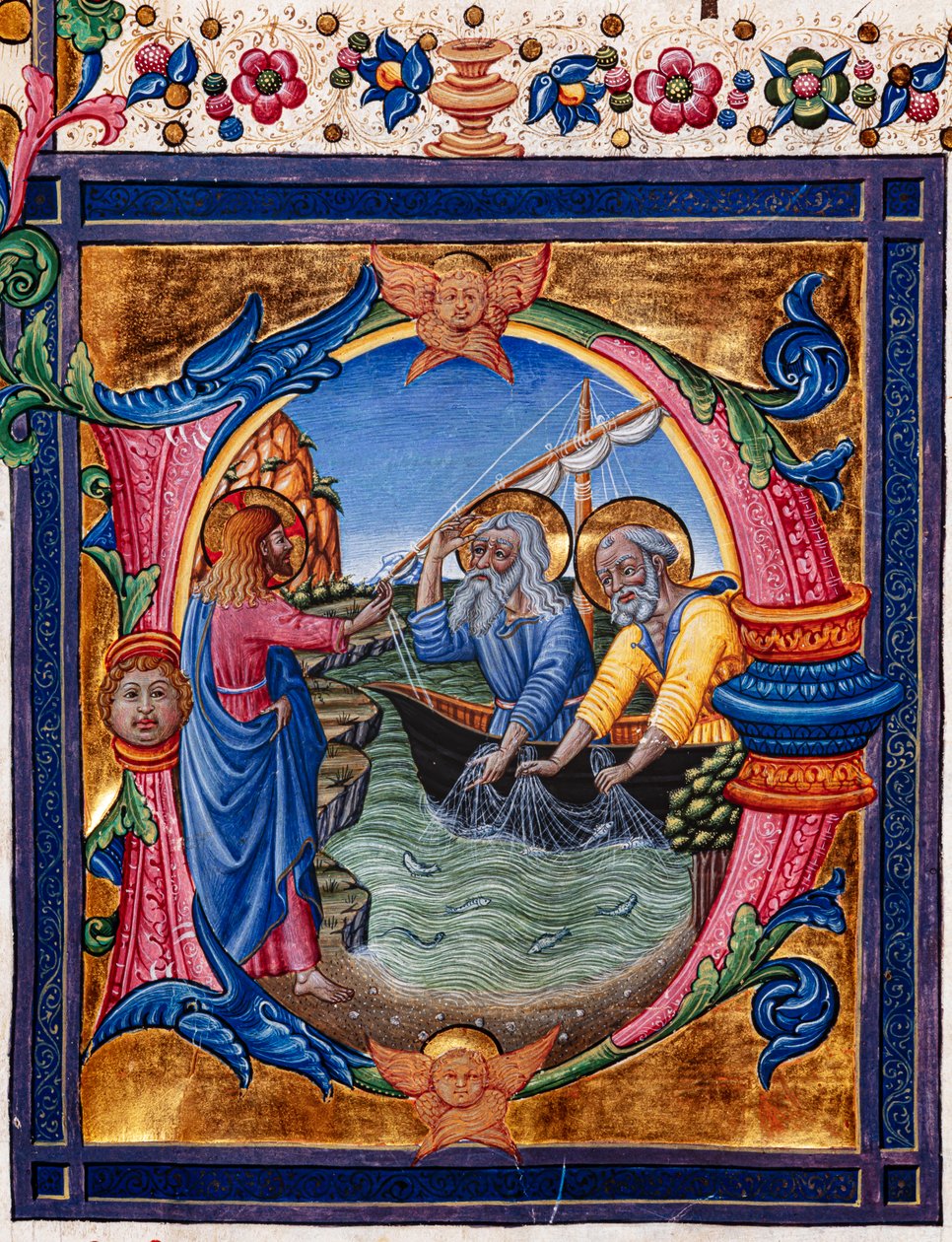 Piccolomini bibliotek: körbok, torsk. 11.M, ff. 4r med "Calling of St. Peter and St. Andrew", av Pellegrino di Mariano. Detalj. av Pellegrino di Mariano