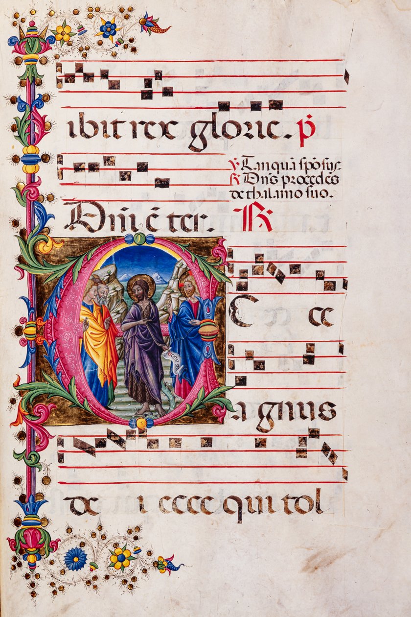Piccolomini bibliotek: körbok, torsk. 2.B, ff. 105r med "Predikan av Johannes Döparen", av Pellegrino di Mariano. av Pellegrino di Mariano