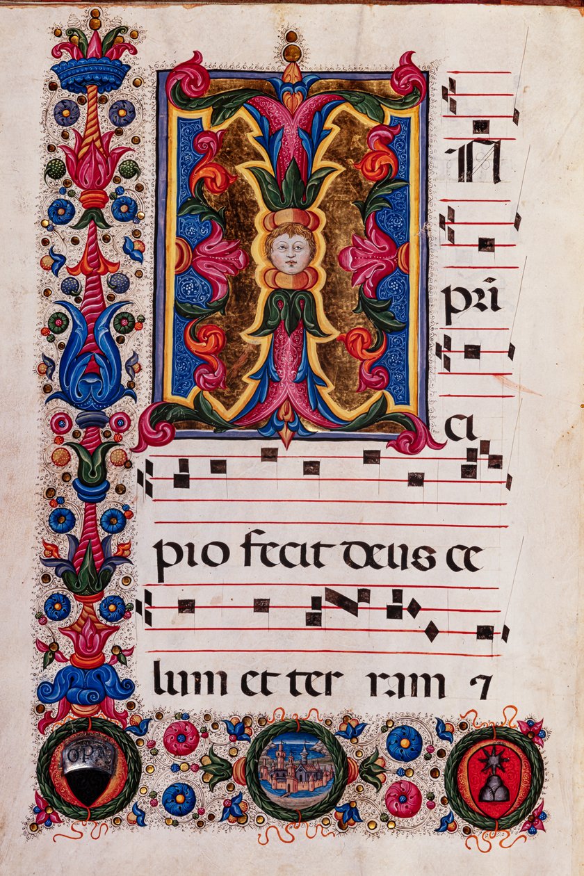 Piccolomini bibliotek: Körbok, torsk. 5.E, ff. 4v med "Foliated Initial", av Pellegrino di Mariano. av Pellegrino di Mariano