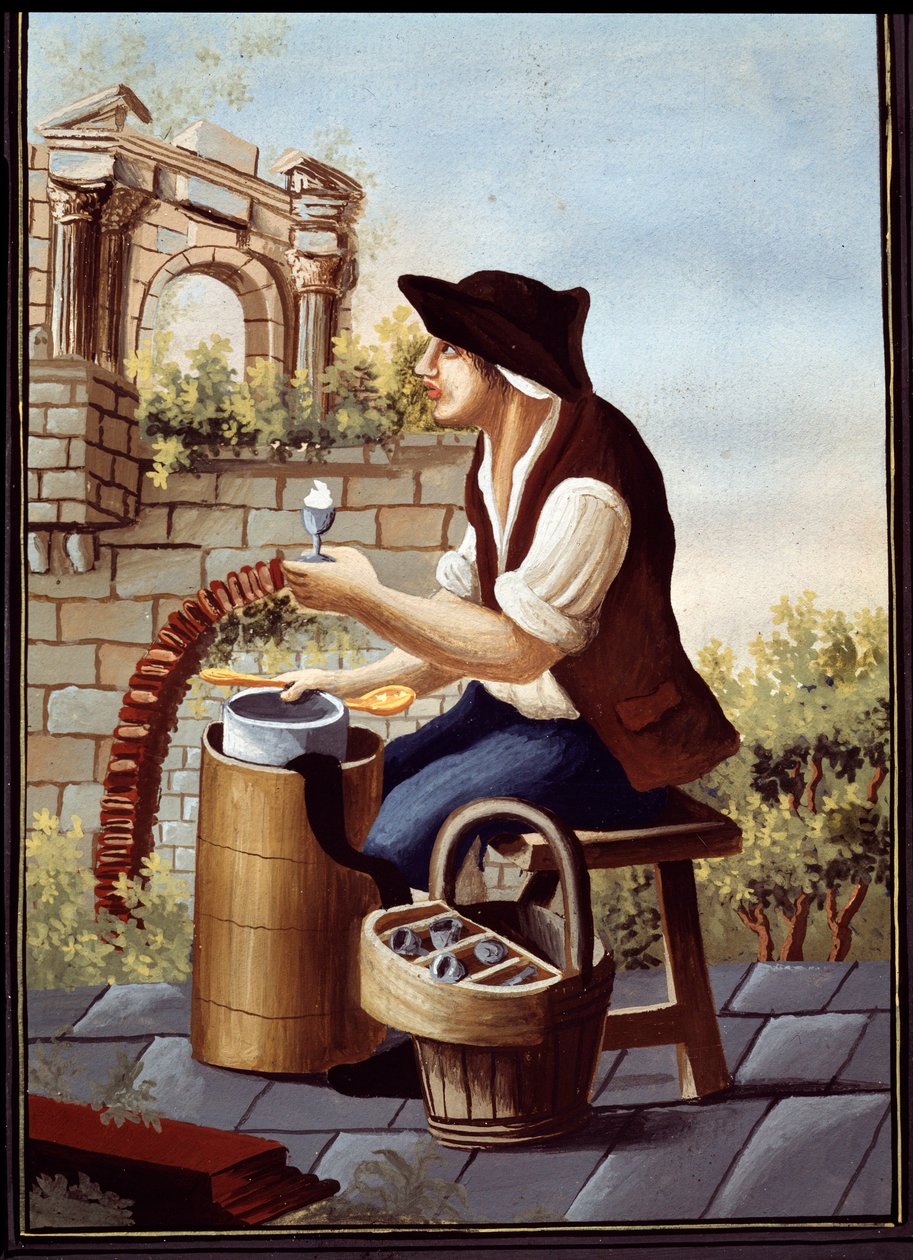 Napolitanska folksed: säljaren av glass (Gelato, Gelati) och vandrande sorbet. Detrempe de Pelliccia (1800-talet) Naples National Museum of San Martino av Pelliccia