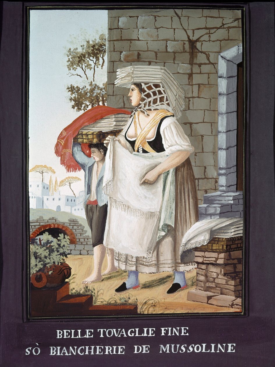 Petity Metier Neapolitan: en resande säljare av dukar och linne - (Gammal handel: dukar och linneförsäljare) Målning av Pelliccia 1800-talets Museo Nazionale di San Martino Neapel av Pelliccia