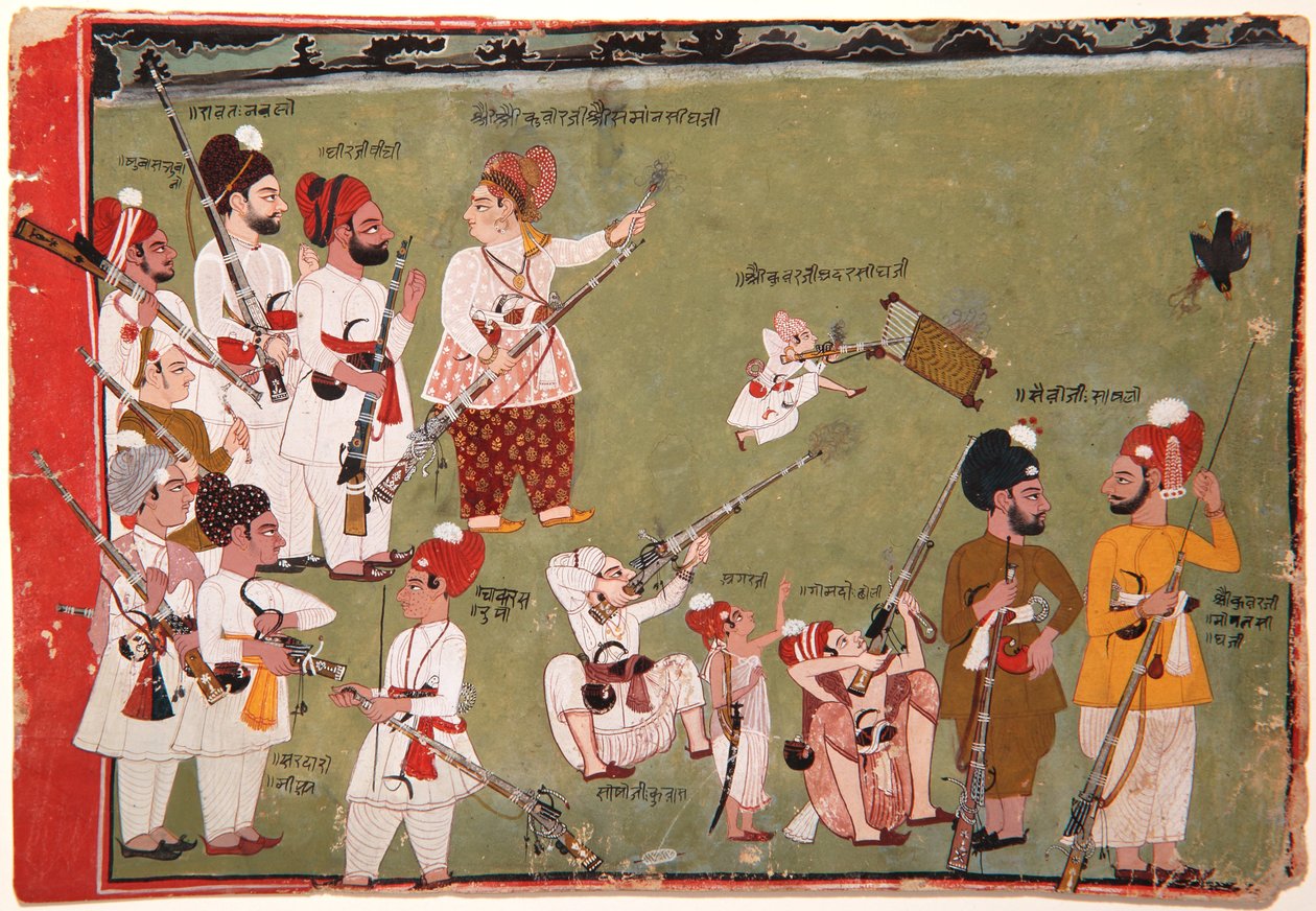 Adar Singh och Saman Singh skjuter fåglar, ca 1790 (ogenomskinlig wc & guld på papper) av Pemji