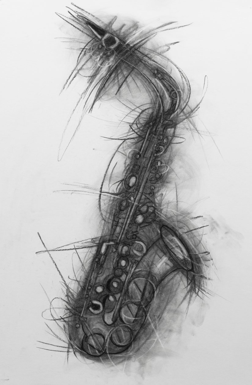 Saxofon 2005 (kol på papper) av Penny Warden