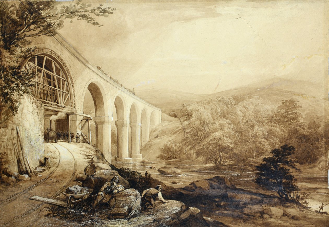 Quakers Yard Viaduct, ca 1840 (penna och tvätt på papper) av Penry Williams