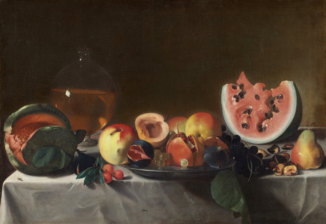 Stilleben med frukt och karaff, ca. 16101620. av Pensionante del Saraceni