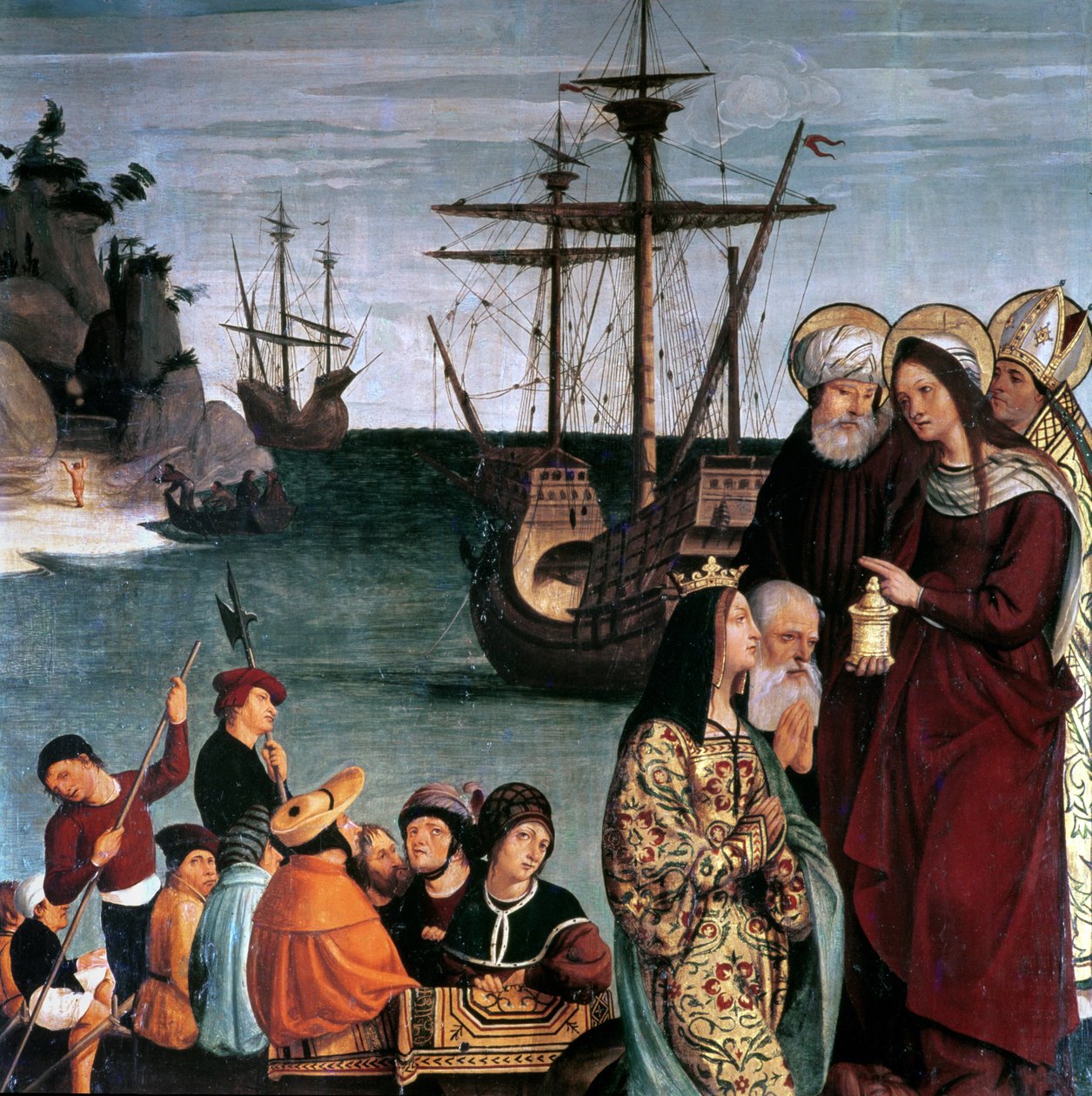 Maria Magdalena går ombord på ett skepp, från altartavlan av Sankt Magdalena av Pera Matas