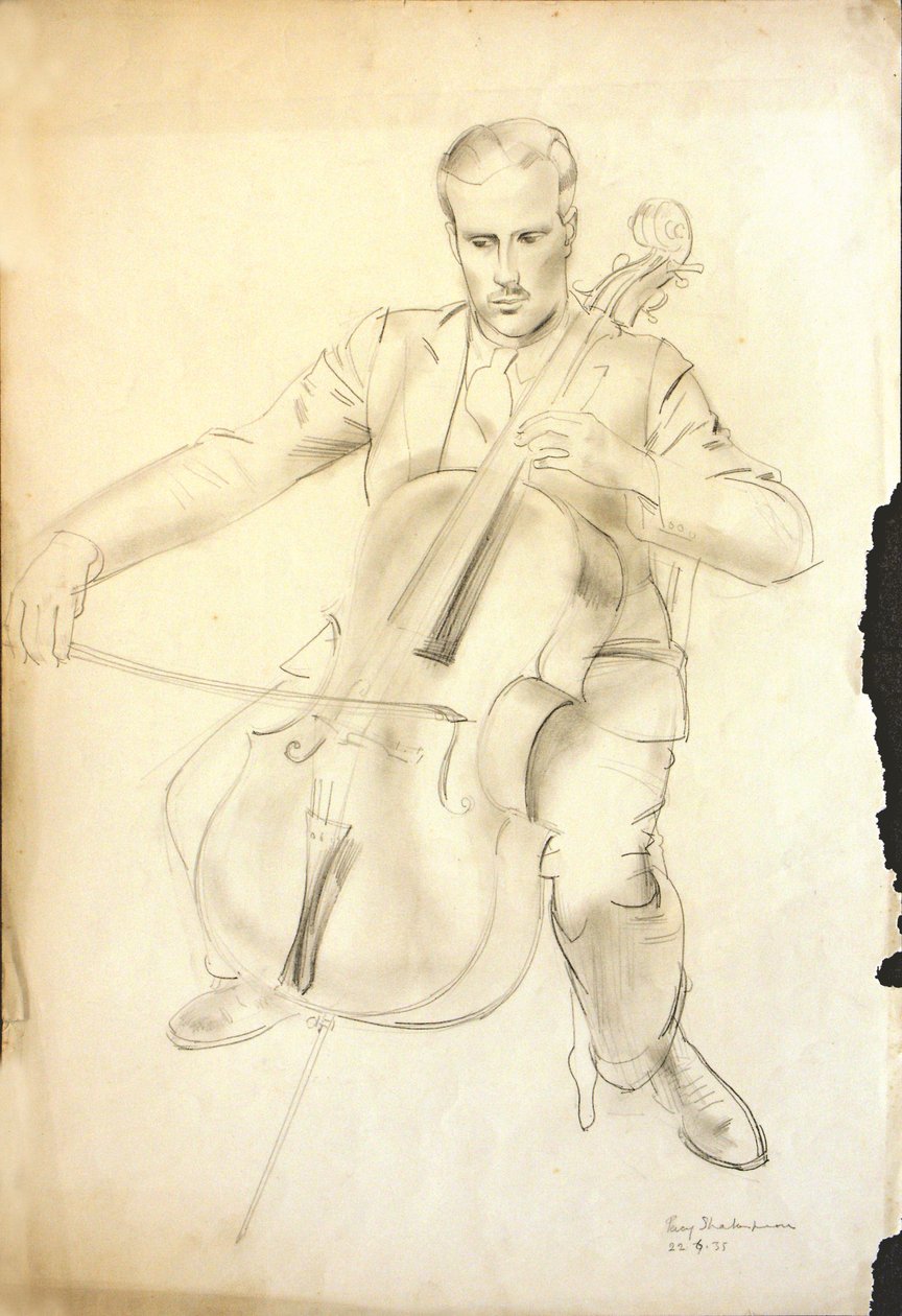 Porträtt av Arthur Kemp som spelar cello, 1935 (penna och krita på papper) av Percy Shakespeare