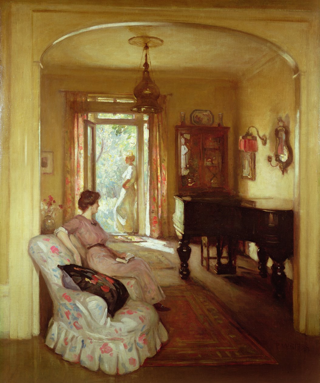 Interiörscen med två damer av Percy William Gibbs