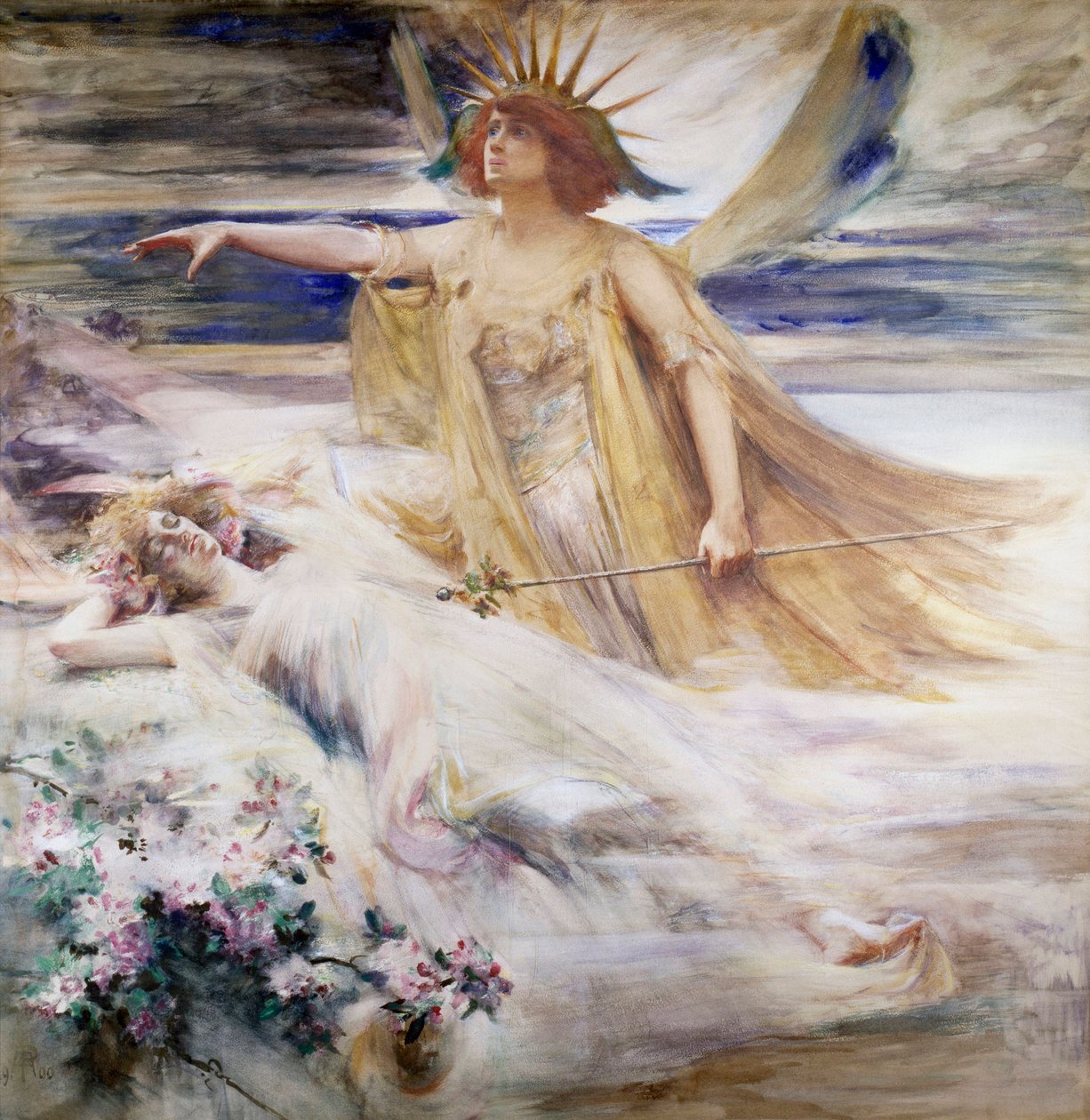 "The Spirit of the New Century" Allegori över 1900-talet som växer fram ur det sovande 1800-talet. Målning av Percy Anderson (1851-1928) (pre-rafaelit) 1900 Privat samling av Percy Anderson