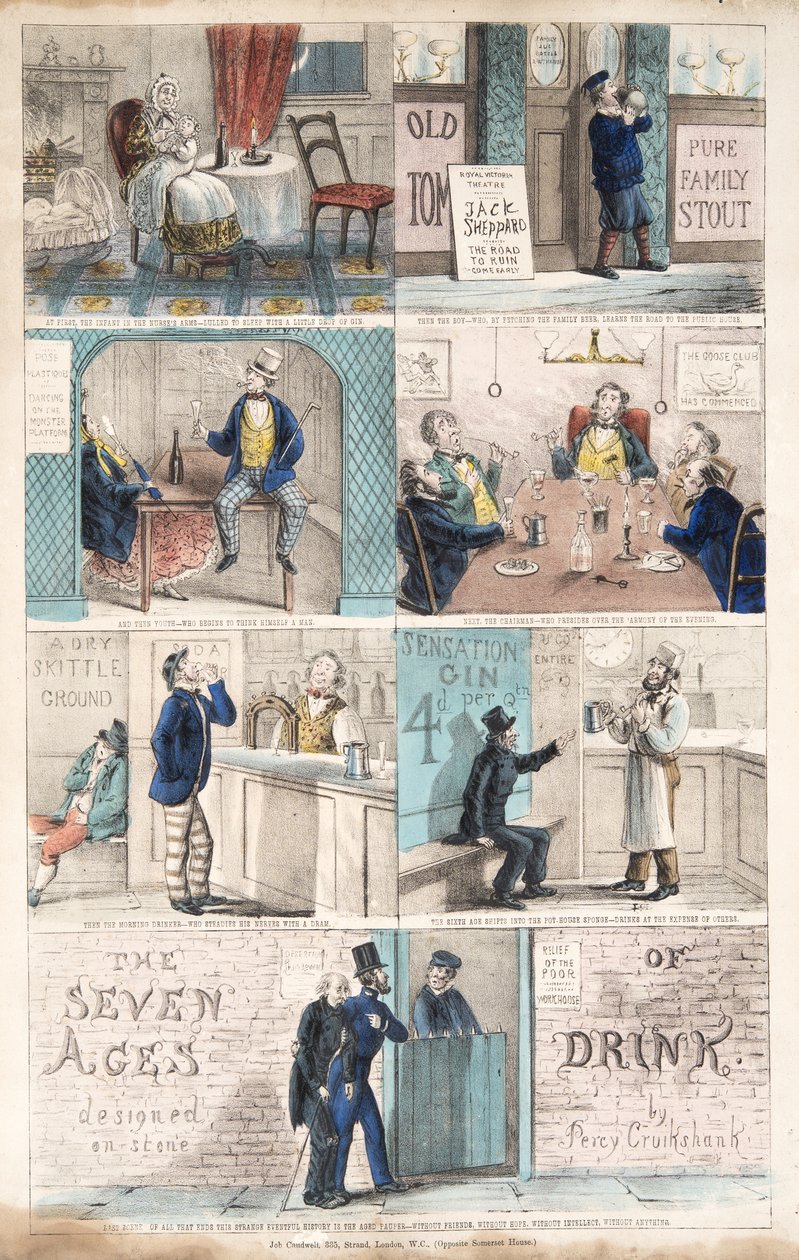 The Seven Ages of Drink, pub.c. 1872 (handfärgad gravyr) av Percy Cruikshank