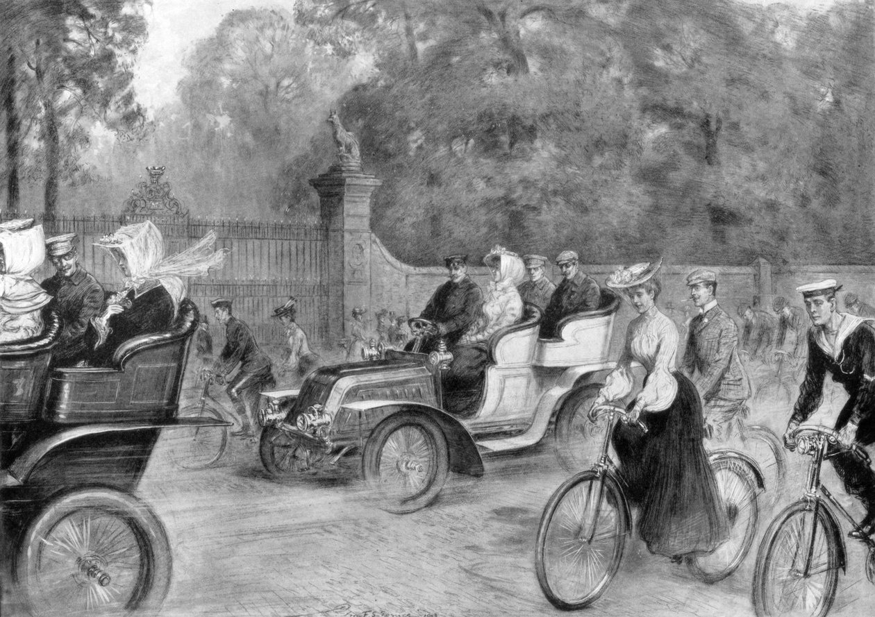Motorer och cyklar i Kensington High Street, London, 1903 av Percy F.S. Spence