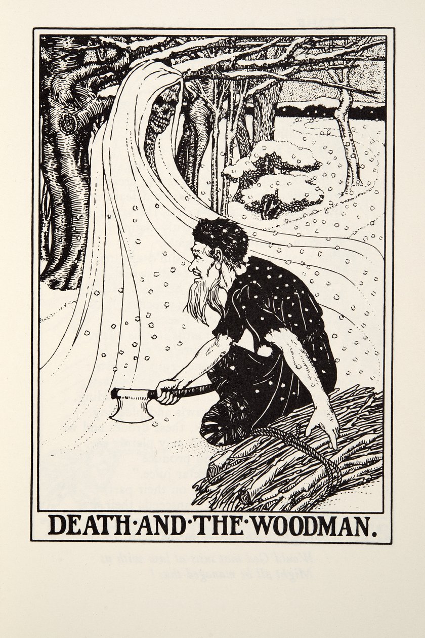Death and the Woodman, från Fontaine Fables, pub. 1905 (gravyr) av Percy J. Billingshurst