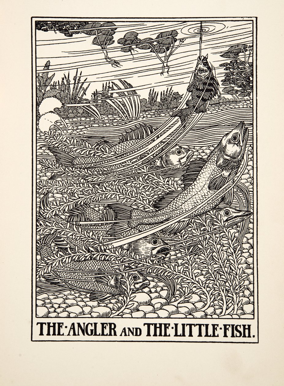 The Angler and the Little Fish, från A Hundred Fables of Aesop, pub.1903 (gravyr) av Percy J. Billingshurst