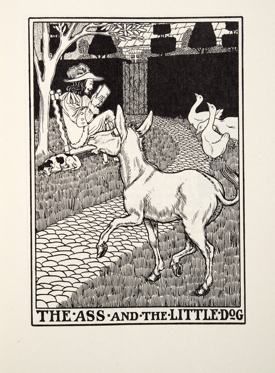 Röven och den lilla hunden, från Fontaine Fables, pub. 1905 av Percy J. Billingshurst