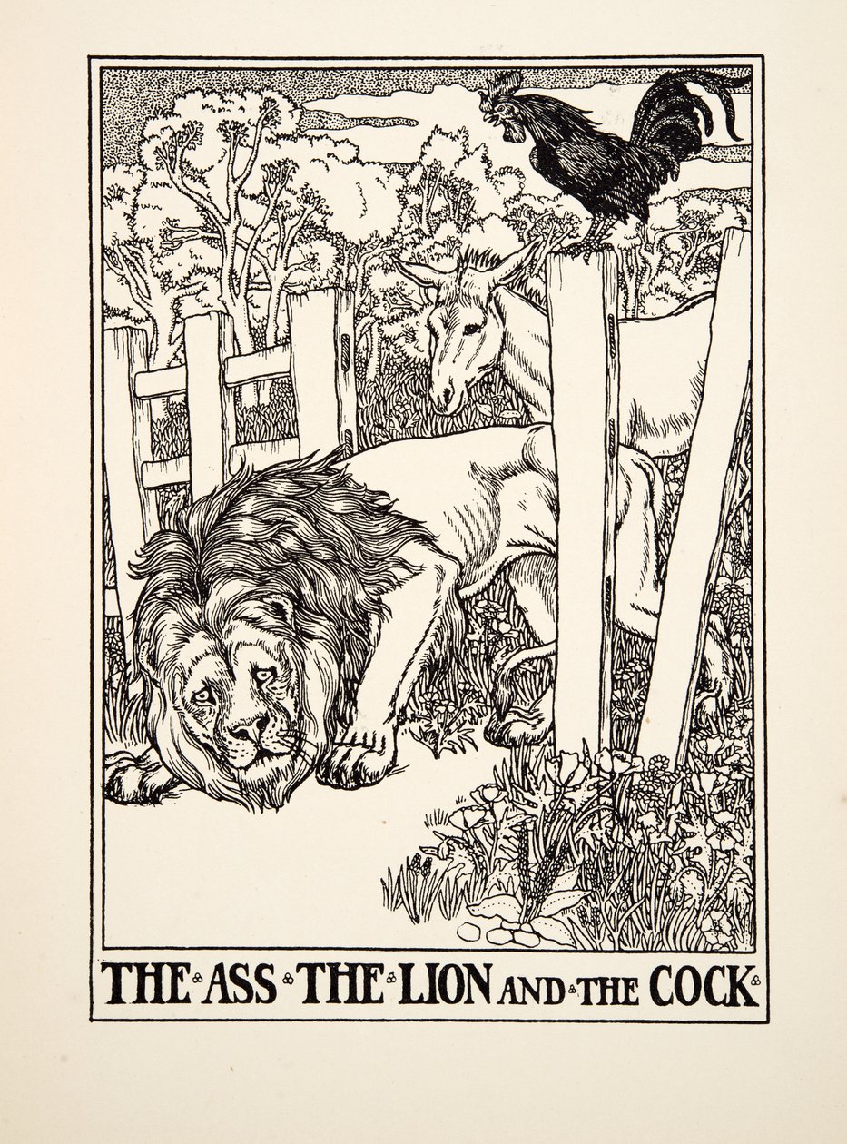 The Ass, the Lion and the Cock, från A Hundred Fables of Aesop, pub.1903 av Percy J. Billingshurst