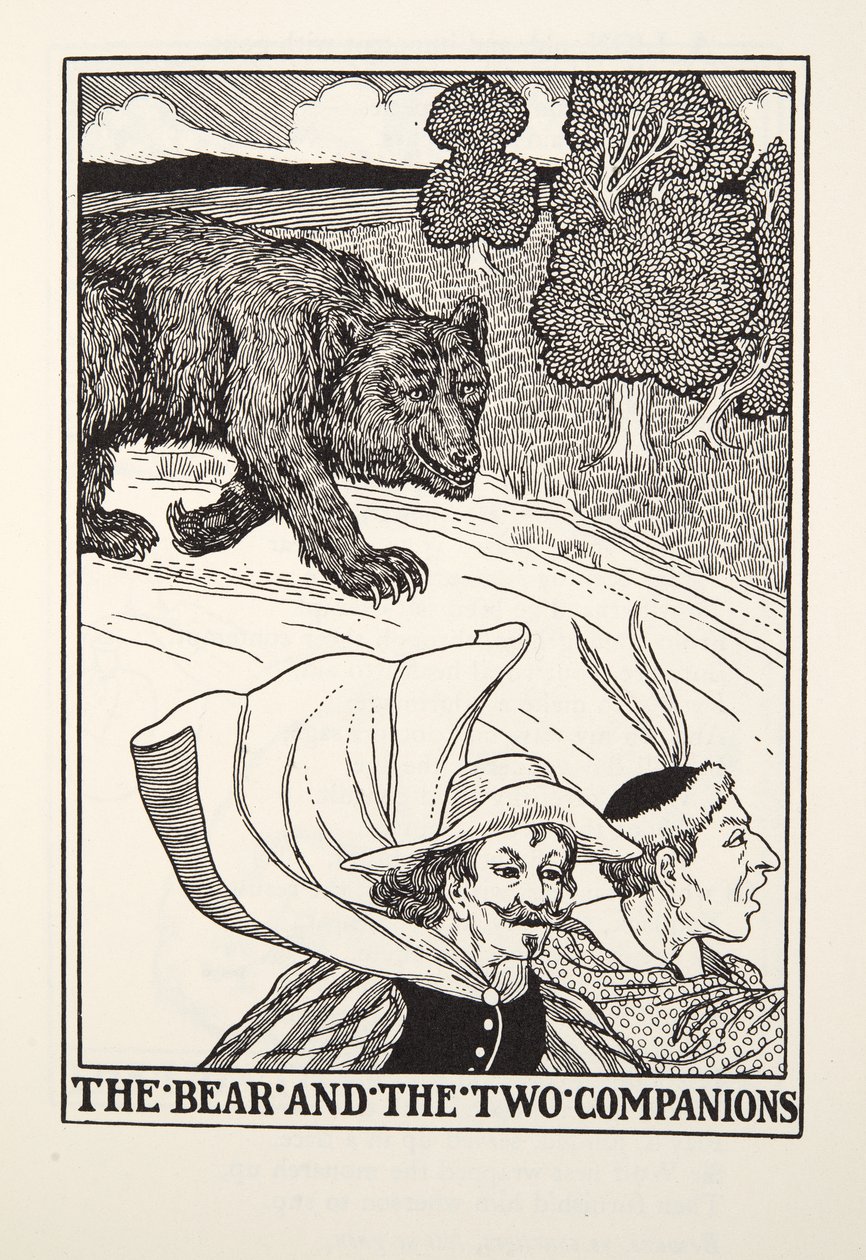 Björnen och de två följeslagarna, från Fontaine Fables, pub. 1905 (gravyr) av Percy J. Billingshurst