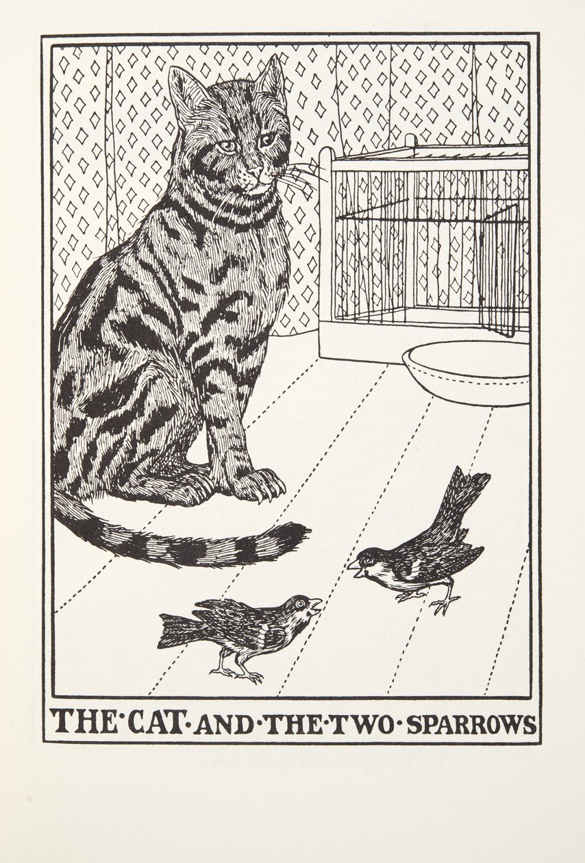 Katten och de två sparvarna, från Fontaine Fables, pub. 1905 av Percy J. Billingshurst