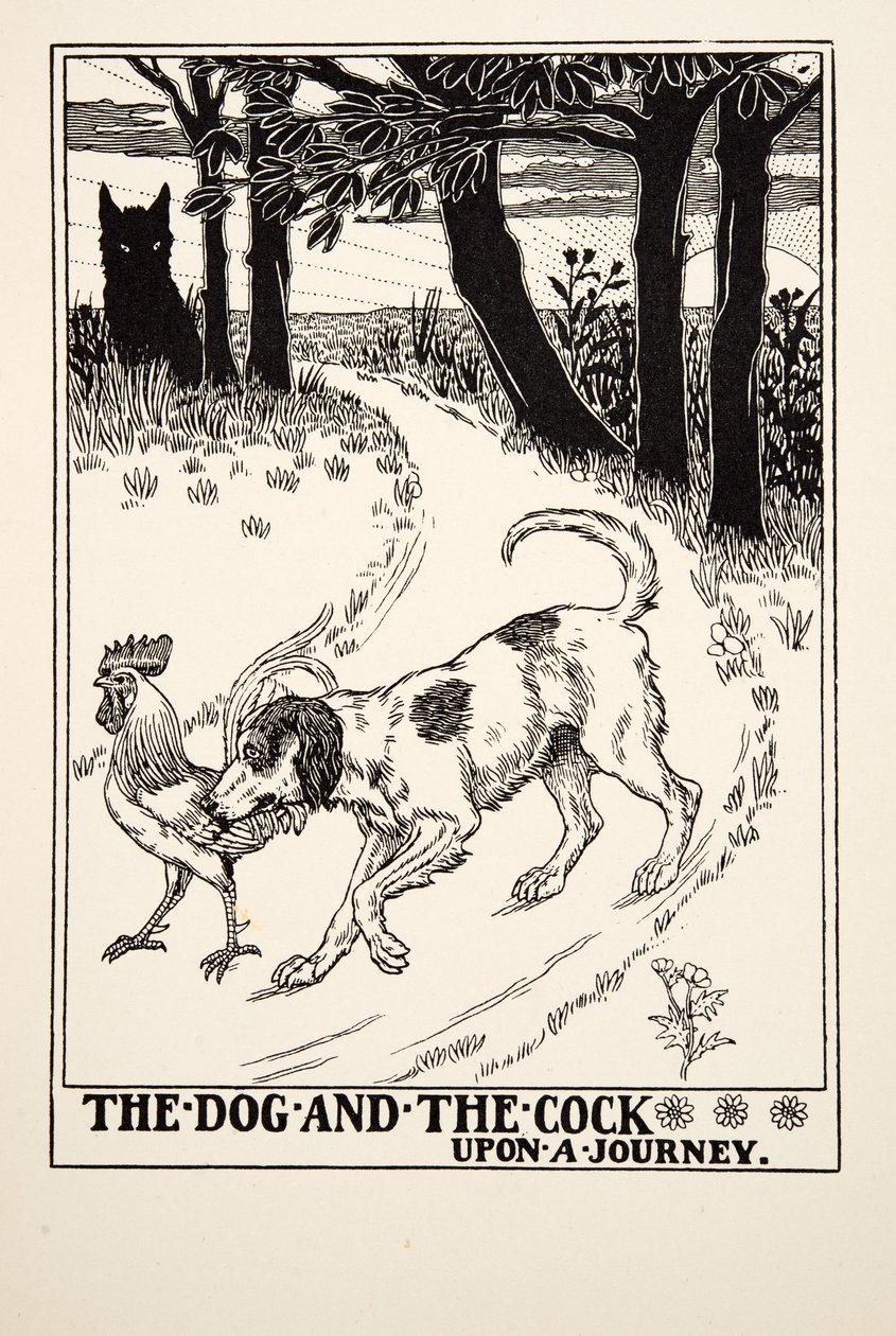 The Dog and the Cock on a Journey, från A Hundred Fables of Aesop, pub.1903 av Percy J. Billingshurst