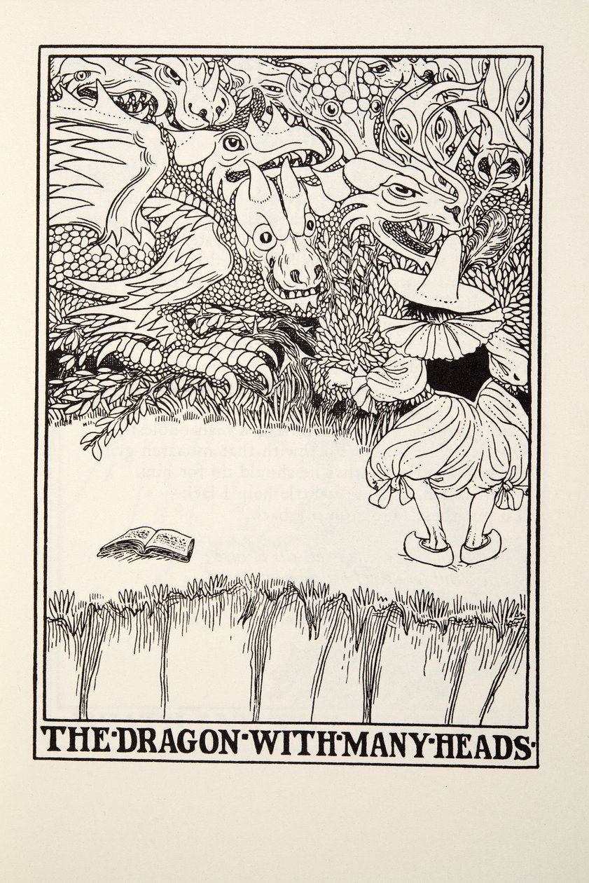 Draken med många huvuden, från Fontaine Fables, pub. 1905 (gravyr) av Percy J. Billingshurst