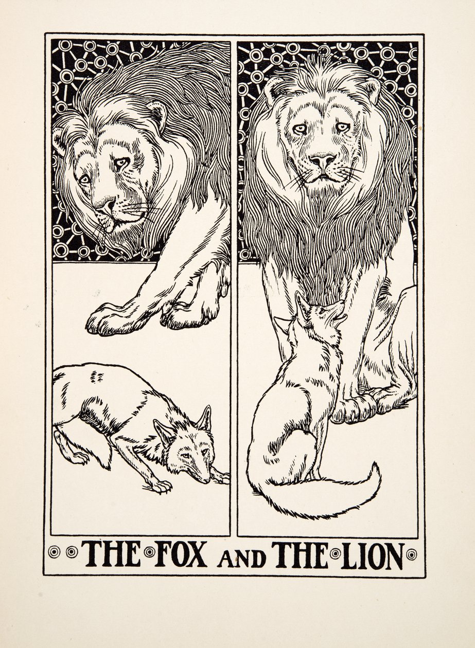 Räven och lejonet, från Aesops hundra fabler, pub.1903 (gravyr) av Percy J. Billingshurst