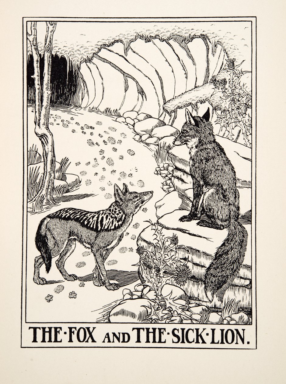 Räven och det sjuka lejonet, från Aesops hundra fabler, pub.1903 (gravyr) av Percy J. Billingshurst
