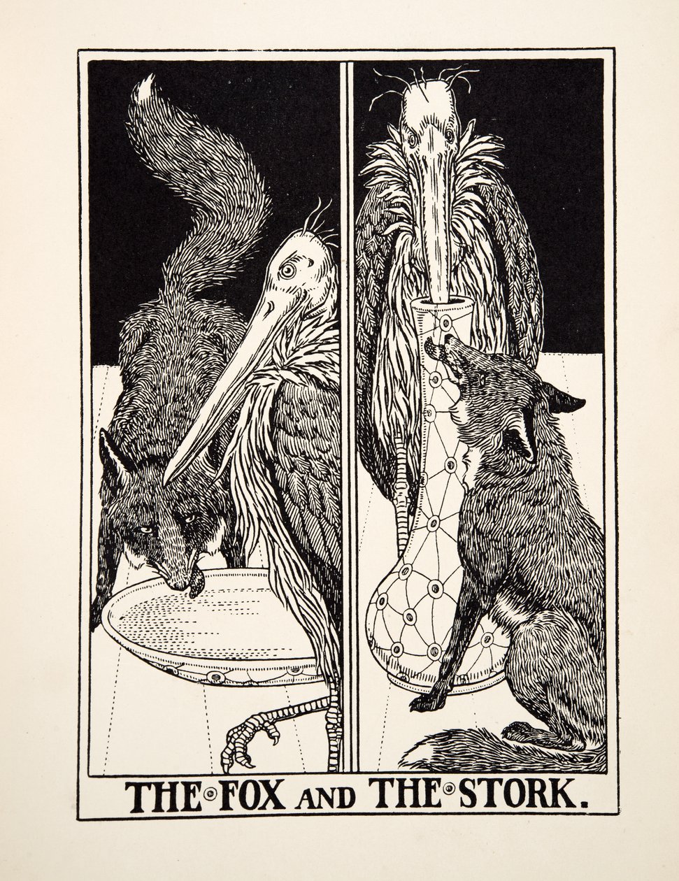 Räven och storken, från Aesops hundra fabler, pub.1903 av Percy J. Billingshurst