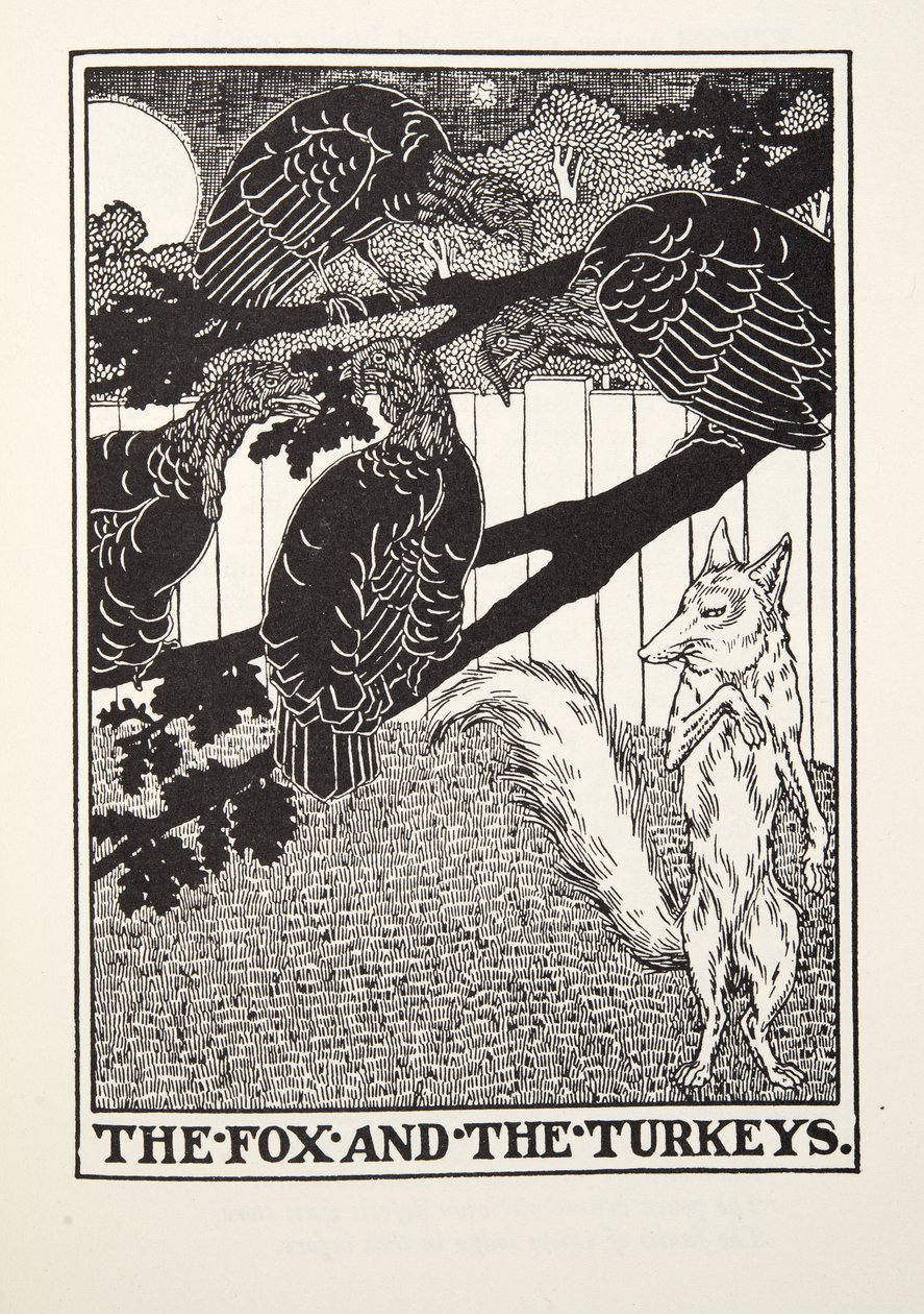The Fox and the Turkeys, från Fontaine Fables, pub. 1905 av Percy J. Billingshurst