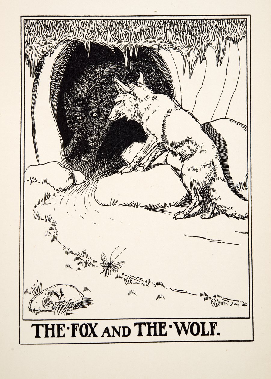 Räven och vargen, från Aesops hundra fabler, pub.1903 (gravyr) av Percy J. Billingshurst