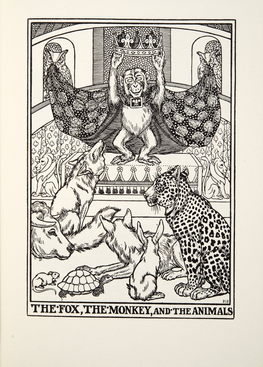 Räven, apan och djuren, från Fontaine Fables, pub. 1905 av Percy J. Billingshurst