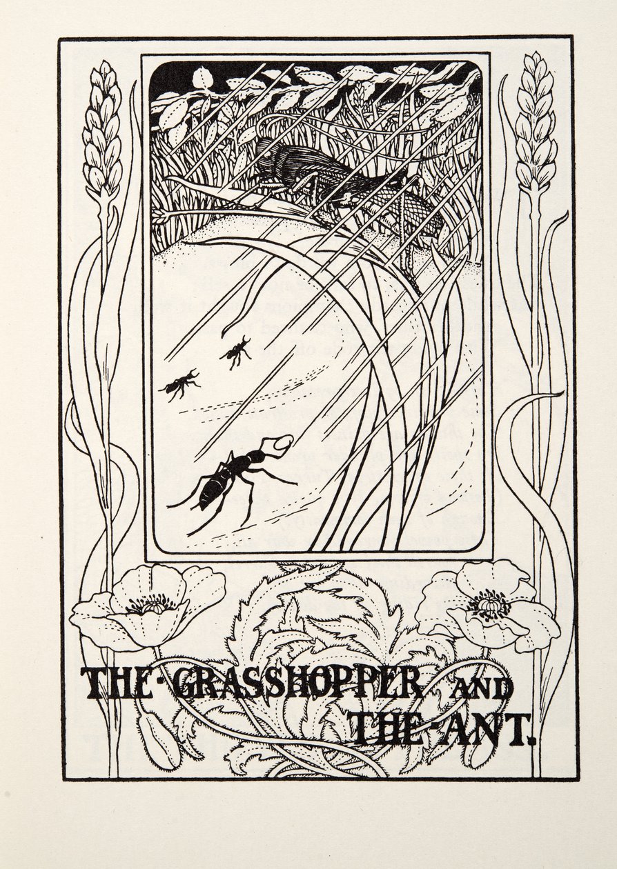 Gräshoppan och myran, från Fontaine Fables, pub. 1905 av Percy J. Billingshurst