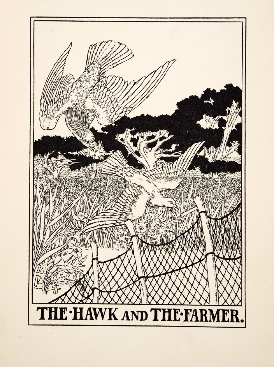 The Hawk and the Farmer, från A Hundred Fables of Aesop, pub.1903 (gravyr) av Percy J. Billingshurst