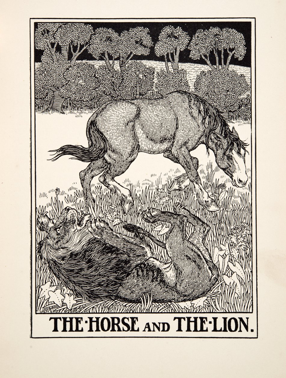 Hästen och lejonet, från Aesops hundra fabler, pub.1903 av Percy J. Billingshurst