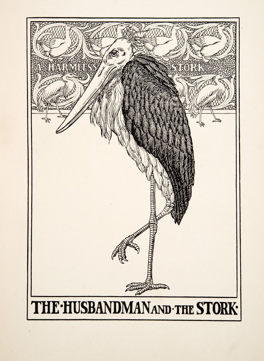 Husbonden och storken, från Aesops hundra fabler, pub.1903 av Percy J. Billingshurst