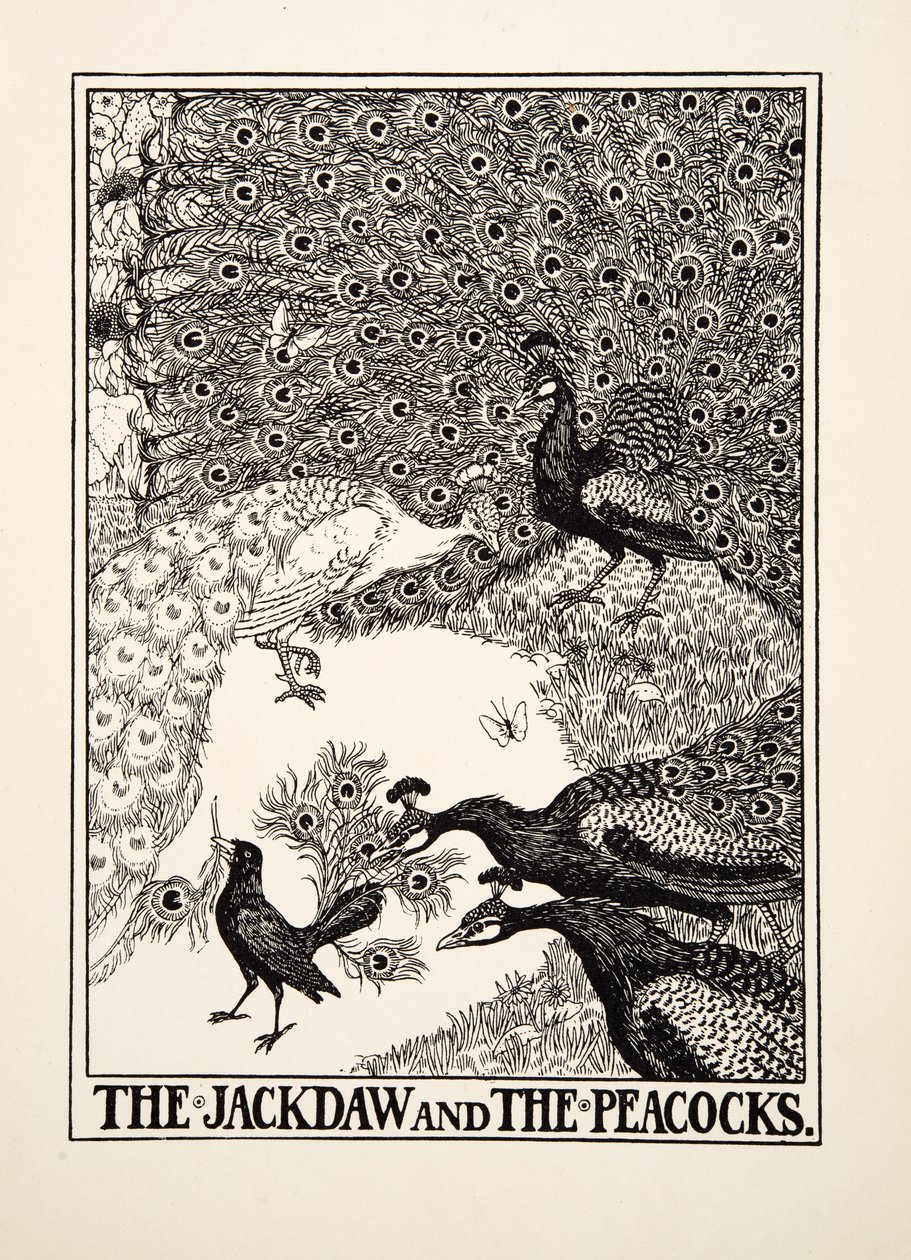 The Jackdaw and the Peacocks, från A Hundred Fables of Aesop, pub.1903 av Percy J. Billingshurst