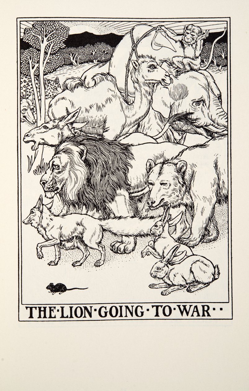 The Lion Going to War, från Fontaine Fables, pub. 1905 av Percy J. Billingshurst