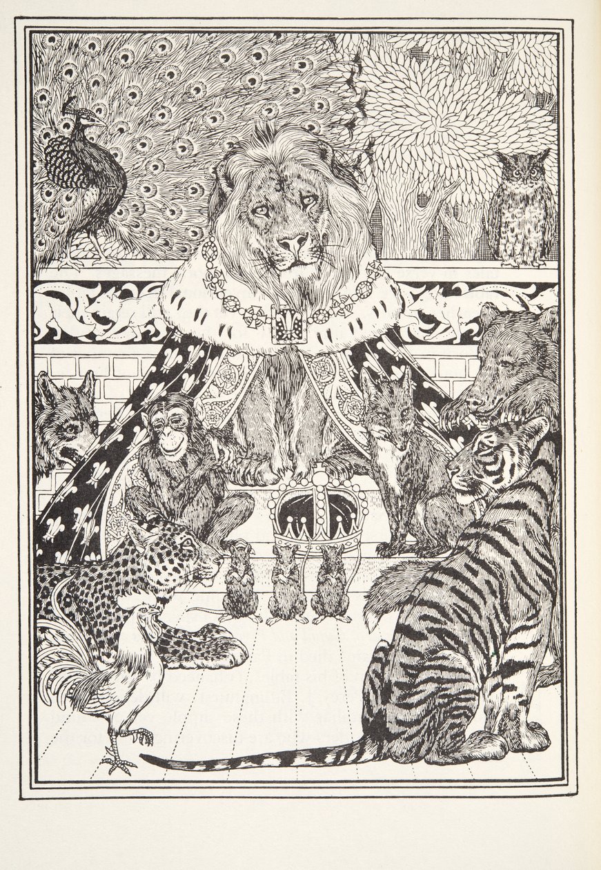 The Lion and his Associates, Frontispice, från Fontaine Fables, pub. 1905 av Percy J. Billingshurst