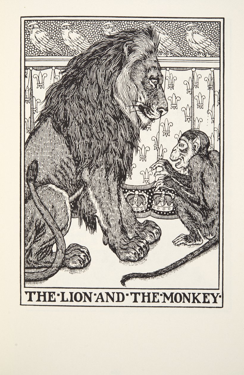 Lejonet och apan, från Fontaine Fables, pub. 1905 av Percy J. Billingshurst
