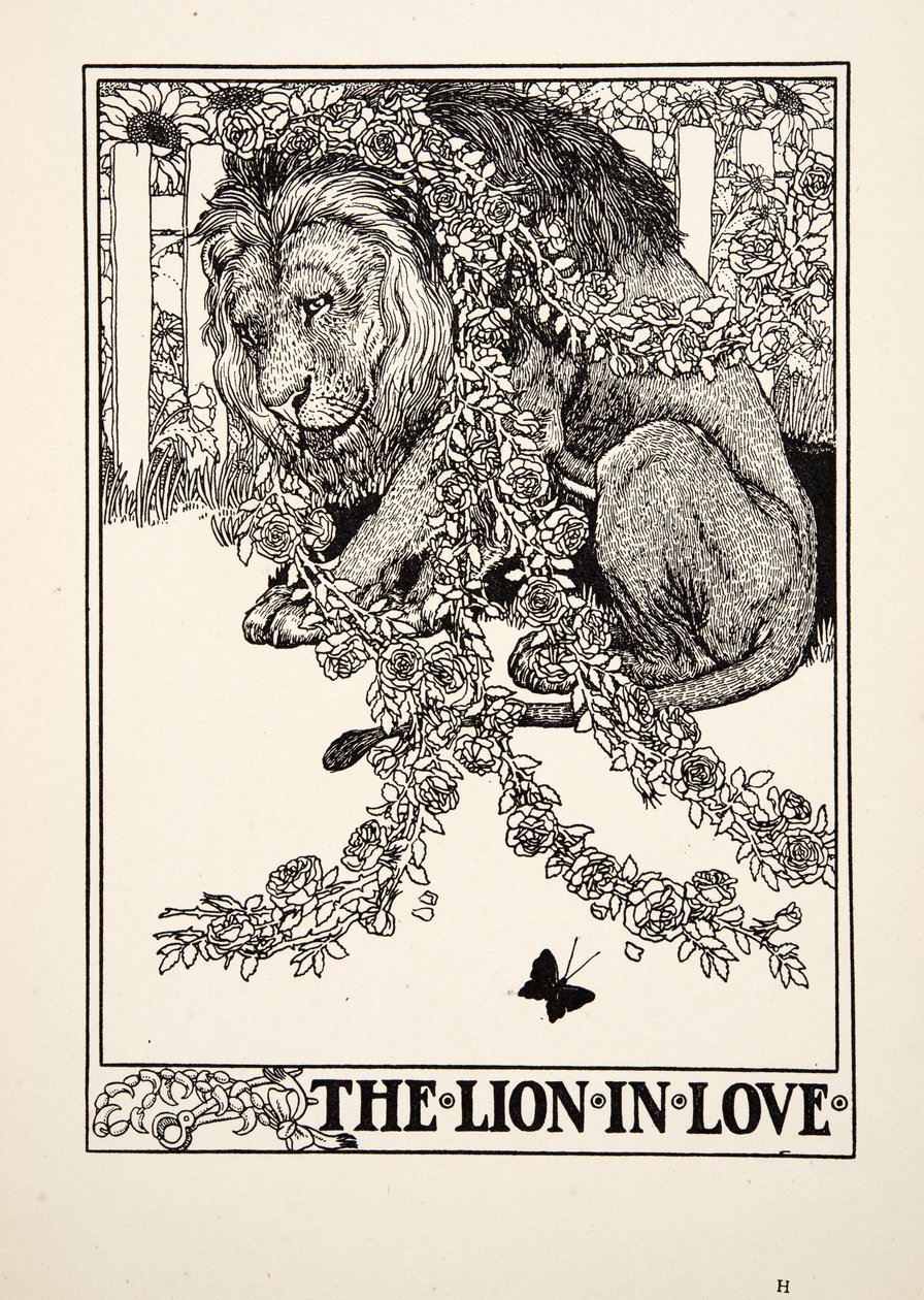 Det förälskade lejonet, från Aesops hundra fabler, pub.1903 av Percy J. Billingshurst