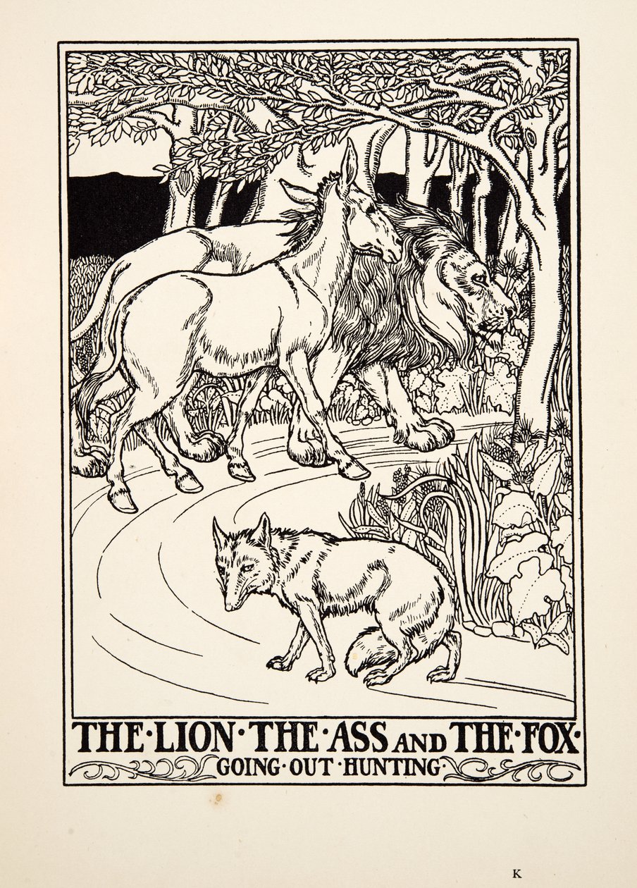 Lejonet, åsnan och räven går ut och jagar, från Aesops hundra fabler, pub.1903 (gravyr) av Percy J. Billingshurst