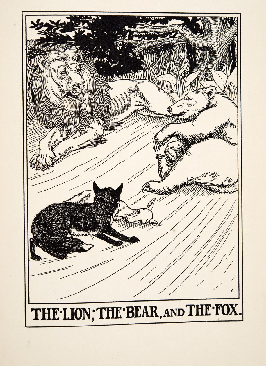 The Lion, the Bear and the Fox, från A Hundred Fables of Aesop, pub.1903 av Percy J. Billingshurst