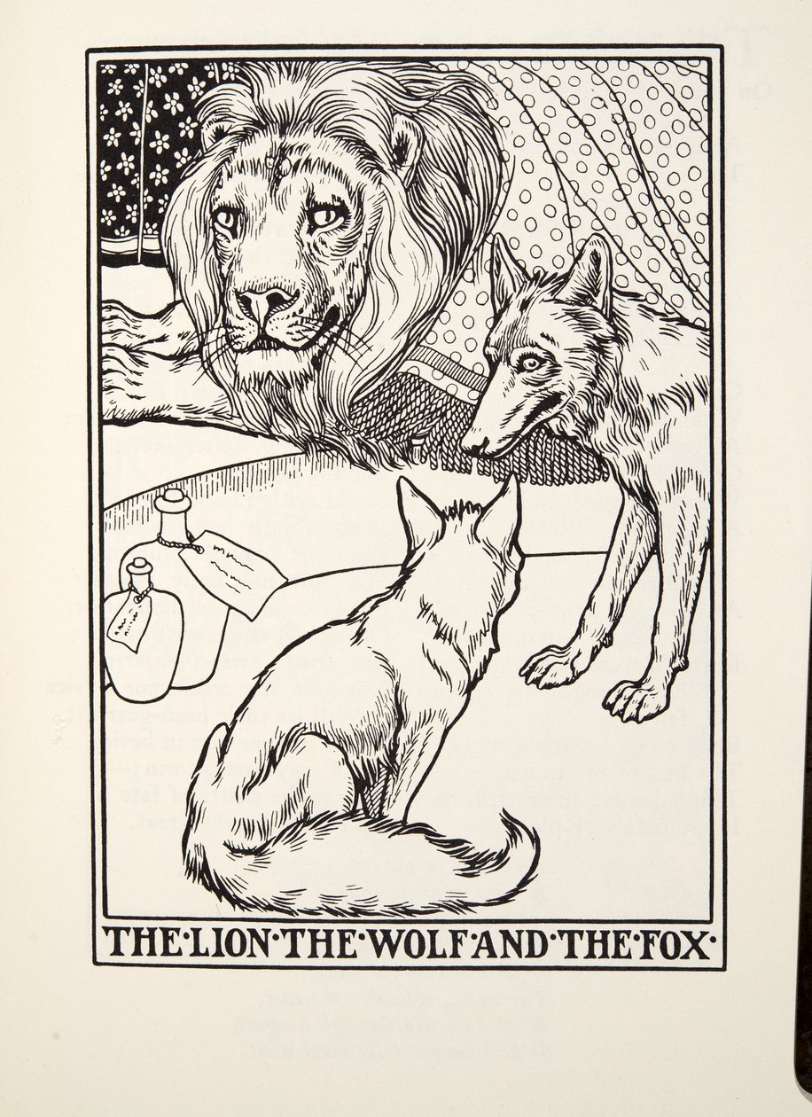 Lejonet, vargen och räven, från Fontaine Fables, pub. 1905 av Percy J. Billingshurst