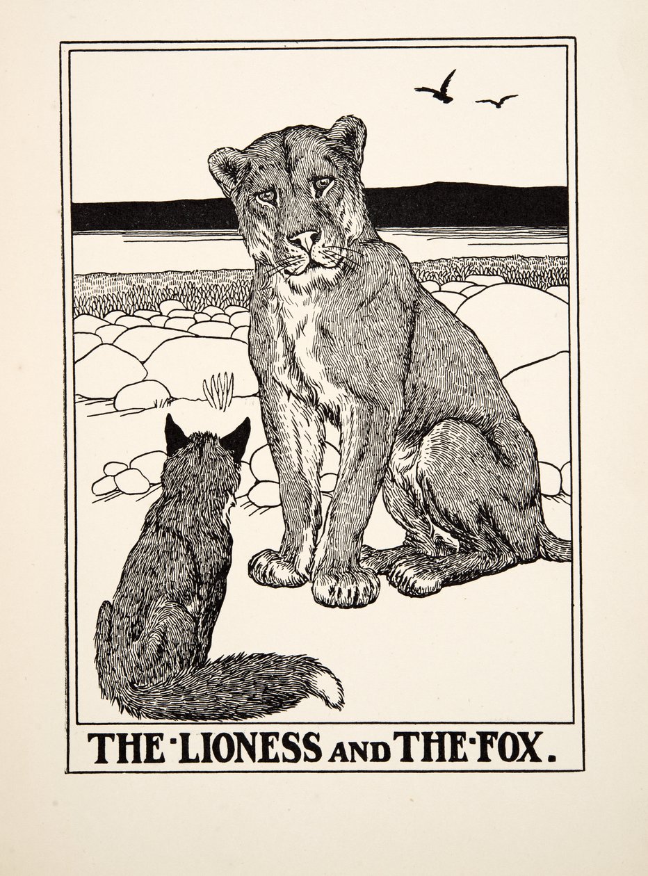 Lejoninnan och räven, från A Hundred Fables of Aesop, pub.1903 av Percy J. Billingshurst