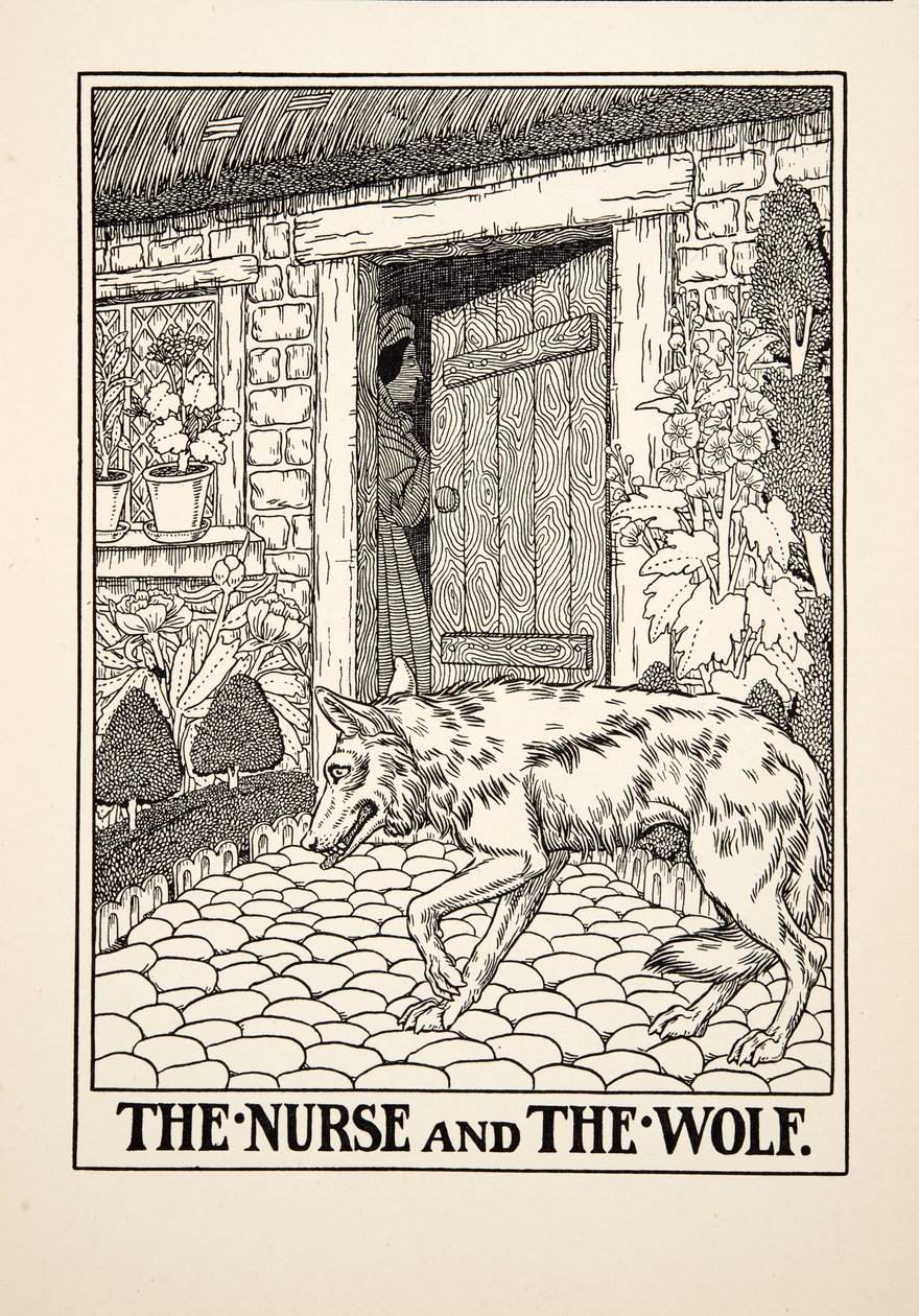 Sjuksköterskan och vargen, från Aesops hundra fabler, pub.1903 av Percy J. Billingshurst