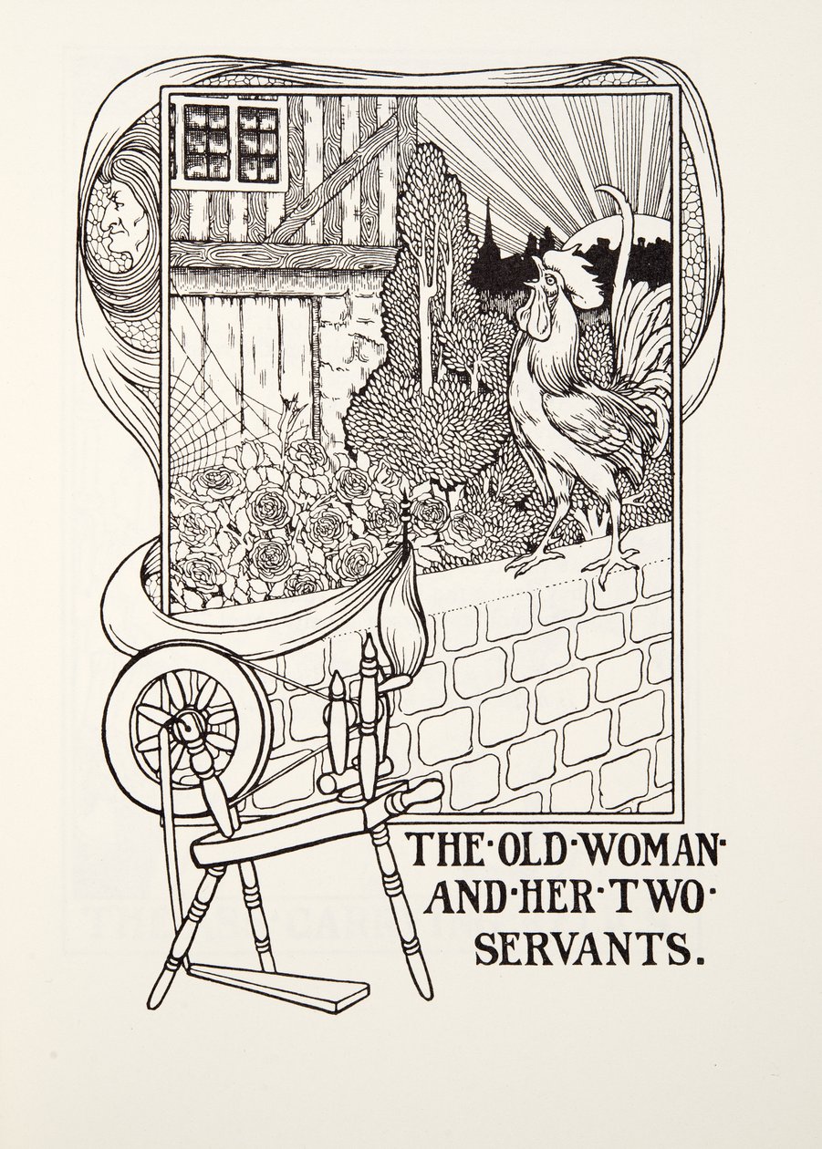 Den gamla kvinnan och hennes två tjänare, från Fontaine Fables, pub. 1905 (gravyr) av Percy J. Billingshurst