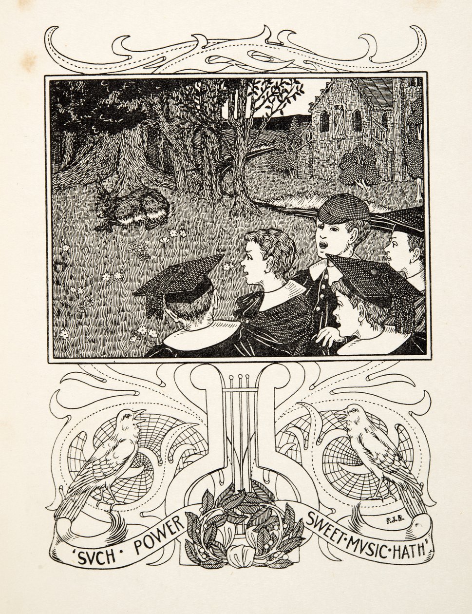 Musikens kraft, från Hundra anekdoter av djur, pub. 1924 (gravyr) av Percy J. Billingshurst