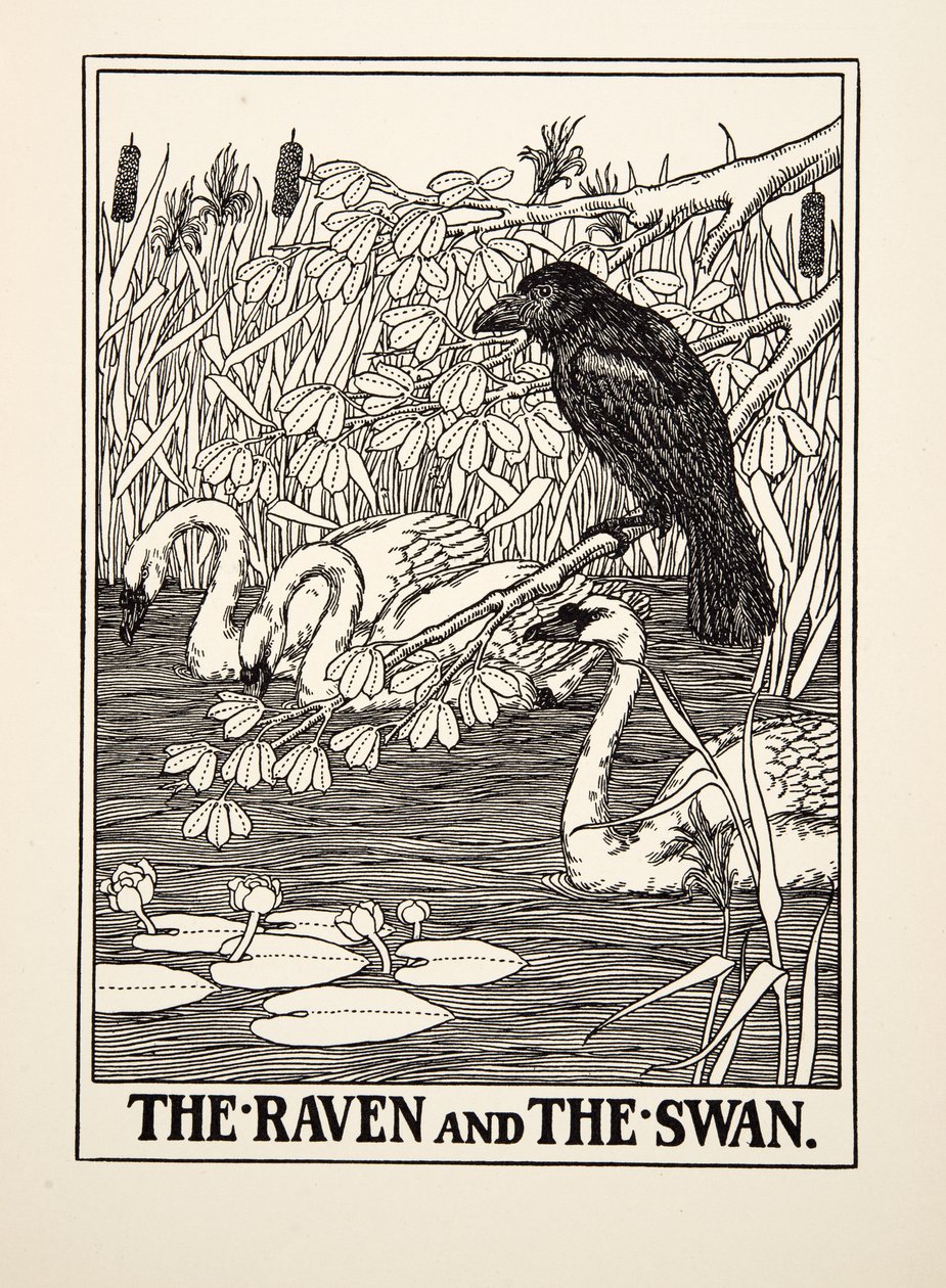 Korpen och svanen, från Aesops hundra fabler, pub.1903 av Percy J. Billingshurst