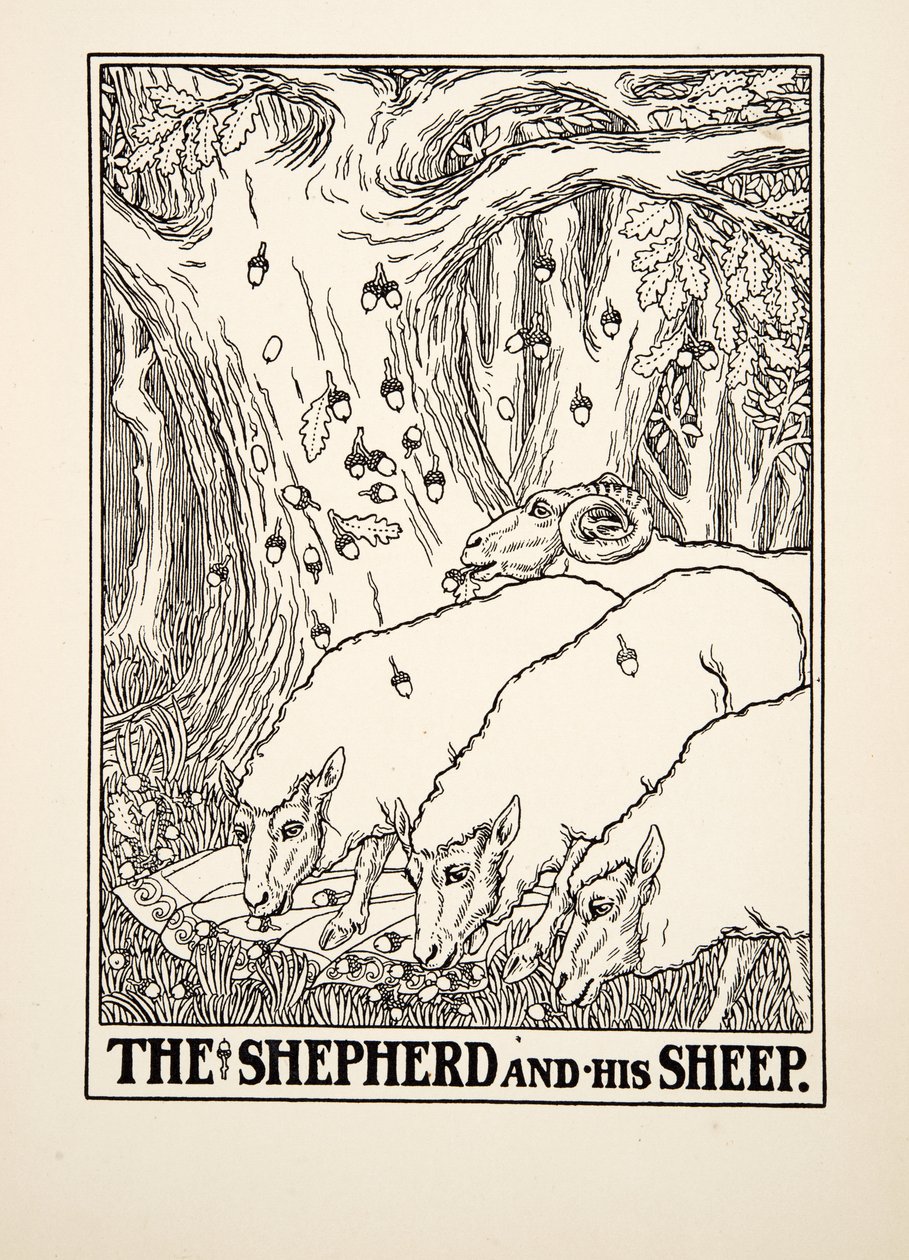 Herden och hans får, från Aesops hundra fabler, pub.1903 (gravyr) av Percy J. Billingshurst