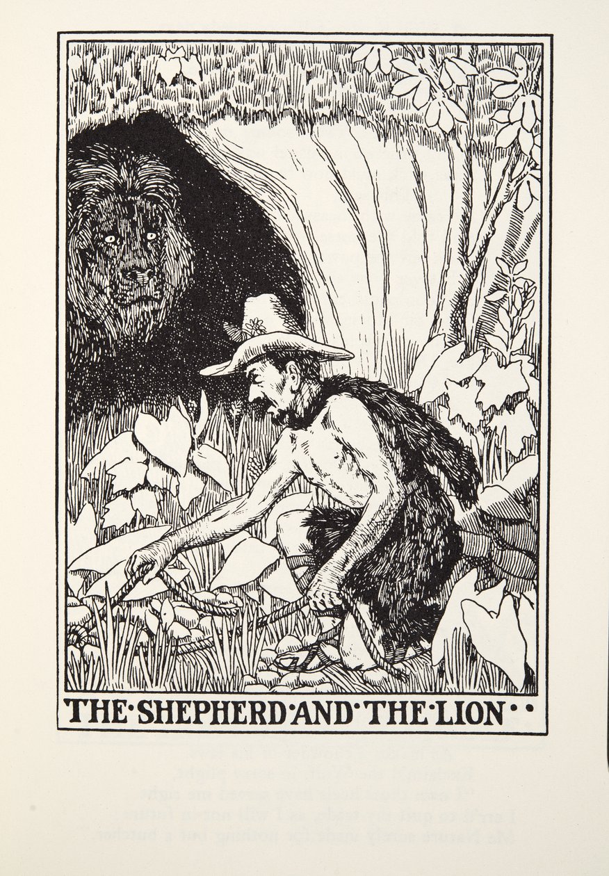 Shepherd and the Lion, från Fontaine Fables, pub. 1905 av Percy J. Billingshurst