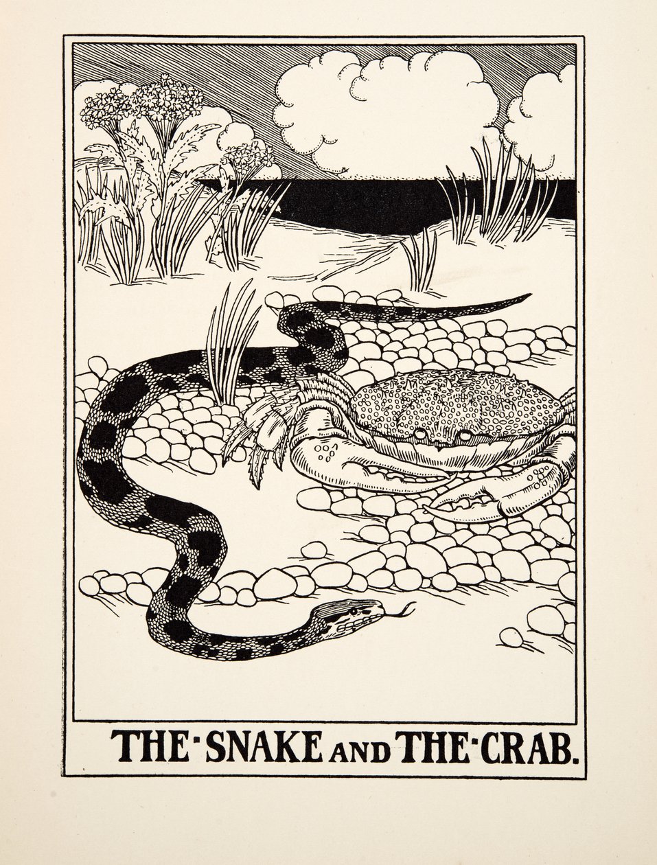 The Snake and the Crab, från Aesops hundra fabler, pub.1903 av Percy J. Billingshurst