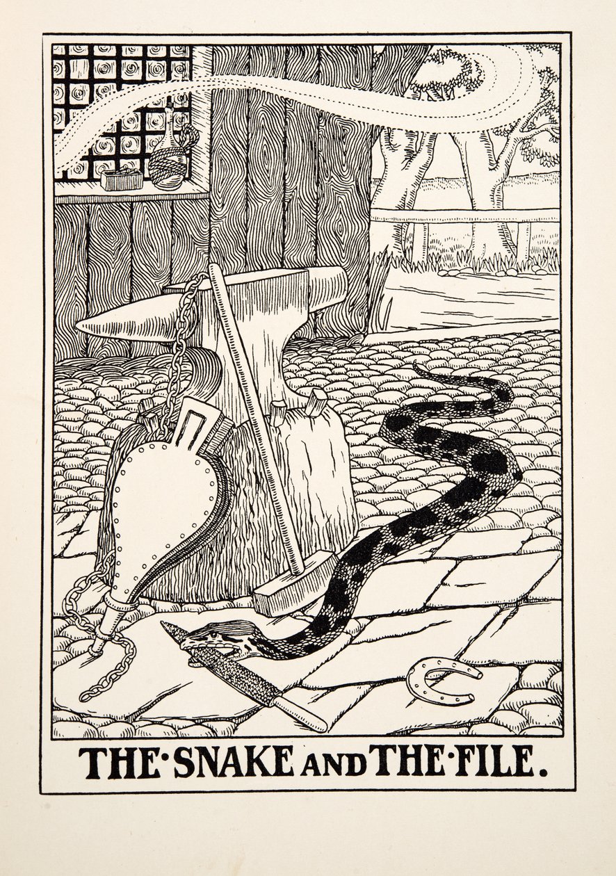 The Snake and the File, från A Hundred Fables of Aesop, pub.1903 (gravyr) av Percy J. Billingshurst